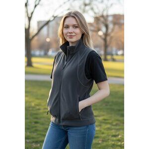 Columbia Fleece Vest Womens Large Black/Gray Full Zip Pockets Outdoor Hiking